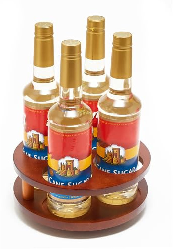 Wood Rotating Coffee Syrup Organizer, 4 Bottles Coffee Syrup Rack, Coffee Station Organizer with Large Base and Anti-Slip Pad