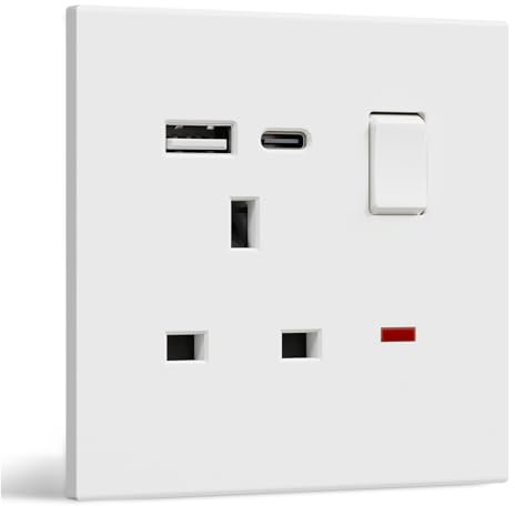 BSEED Single Socket with USB C, Electrical Single Switched Power Plug Wall Socket with LED Indicator, PC Wall Plate Outlet, White, 13A