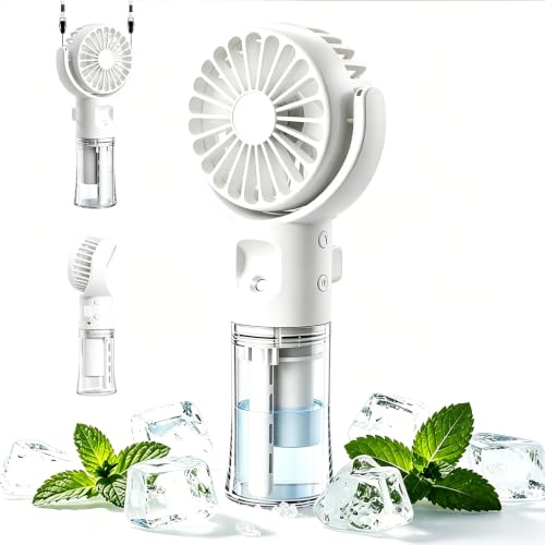 Mini Ventilateur Portable, Ventilateur Brumisateur, Ventilateur de Poche USB Rechargeable avec 4 Vitesses Réglables et Brume D'eau, Ventilateur Portable Silencieux pour Maison, Bureau, Voyage (Blanc)