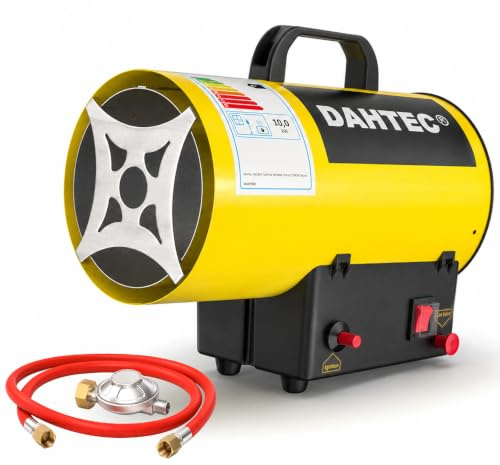 DAHTEC Riscaldatore Mobile a Gas 10 kW - Cannone Termico - Termoventilatore a Gas - Riscaldamento Radiante - Accensione Piezoelettrica - per Cantieri, Officina, Serra