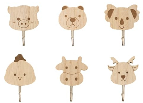 Lguaquanx 6 Stück Tier Kleiderhaken für Kinder, Kindergarderobe Wandhaken Holz Ohne Bohren, Selbstklebend Tier Haken, Garderobenhaken Kinder Für Schlafzimmer Badezimmer Küche Deco Geschenk