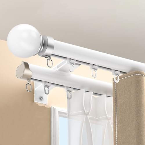 Barra Cortina Doble Pared con 2 Rieles para Cortinas - Barra de Cortina Doble de Aluminio con Poleas Silenciosas y Finales Decorativos Redondos para Sala de Estar Dormitorio Baño(Blanco,3.2m(10.5ft))