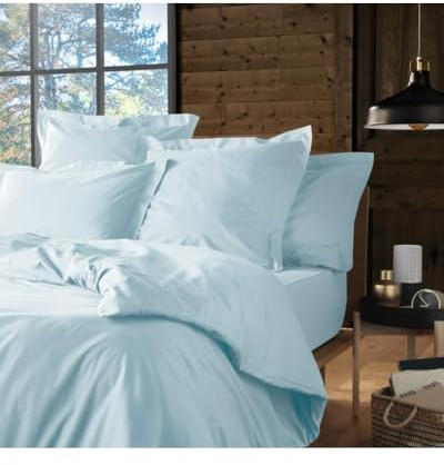 Housse de Couette 3 Pieces 220 x 240 cm Unie 100% Percale de Coton Peigné – 80 Fils/cm² + 2 taies d'oreillers 65 x 65 cm Volant piqué Percale Certifié Oeko-TEX Luxury Qualite (Bleu Ciel)