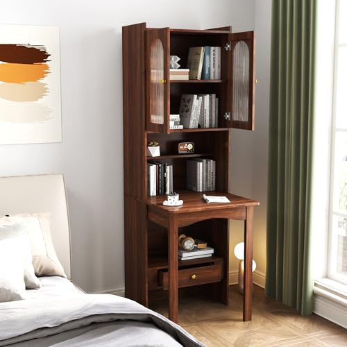 LUMISOL Fold-Out Home Office Desks Writing Table with Glass Doors, Drawers, Bookshelf & Storage Shelves, Modern Wooden Convertible Workstation for Work, Study, Walnut