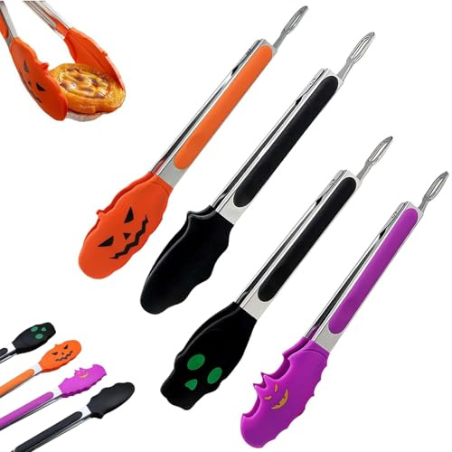 Halloween Silicone Tongs - Heat Resistant Non-Slip Grip with 304 Stainless Steel Locking, Mini Silicone Kitchen Tongs for Serving Food,Cooking, Salad, Grilling (4PCS)
