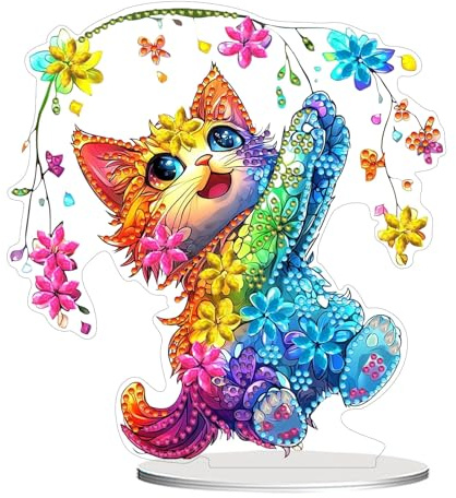 CAYUDEN Diamantmålning Bordsdekoration, Gör-det-själv Dubbelsidig Diamantmålning Vuxna 5D Happy Katt Diamant Målning Stående Pysselset DIY Vaser Uppställning för Nybörjare Hem Gåva Familj Dekoration