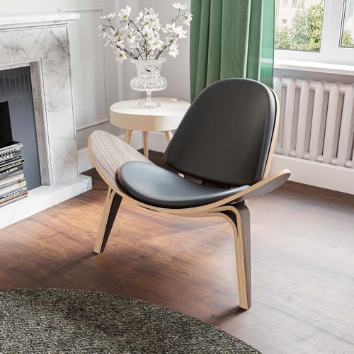 ARVORA Modern Shell Lounge Accent Chairs, Faux Genuine Leather Mid Century Armless Chairs, Tripod Plywood Classic Design Solid Wood with Padded Seat, Living Room Office Bedroom, Walnut