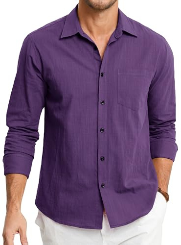 HISDERN Camicie in Lino Uomo Viola Manica Lunga Causal Bottoni Regular Fit Estiva Leggere Camicia Spiaggi Shirts XL