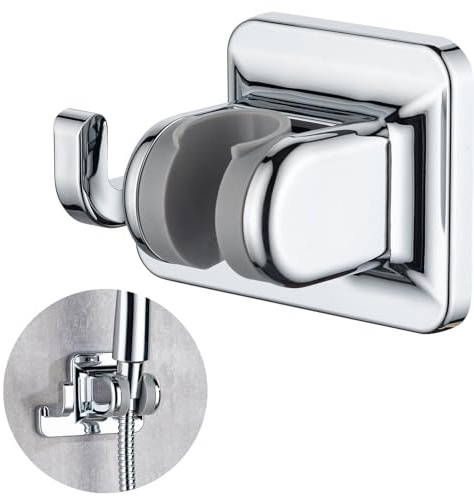 Joyoldelf Soporte para alcachofa de ducha sin taladrar, soporte de ducha autoadhesivo con gancho, inclinación ajustable 45°, cromado ABS, fuerte adherencia para baño (estilo A)