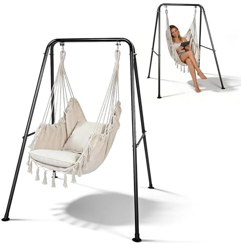Heavy Duty Hammock Chair with Stand – Handwoven 150kg Capacity Hanging Swing Seat, Soft Polyester-Cotton Fabric with Pillow, Quick Pin Lock Assembly, for Garden Patio Indoor Outdoor