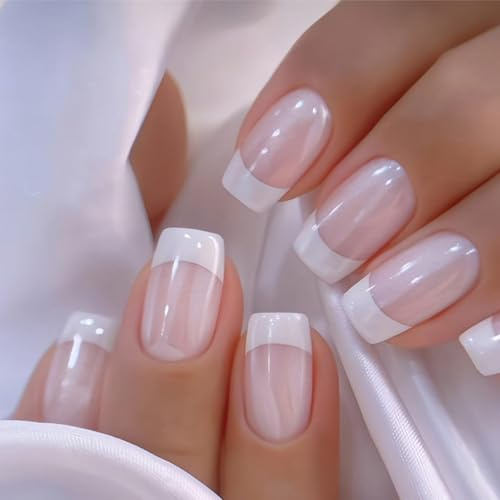 24PCS Nude Pink French Press On Nails - Short Square White Tip, ABS Material with Jelly Adhesive Tabs in 12 Sizes for Shopping Trips, Parties and Daily Manicure Looks