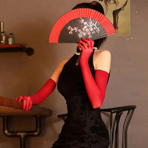 CHENWEIHAI Glossy Shiny Gloves Sexy Silk Stockings Gloves Anti-Hook Long Wedding Dress Sun-Protection Transparent Five-Finger Tight Gloves(One Size/Wine Red)