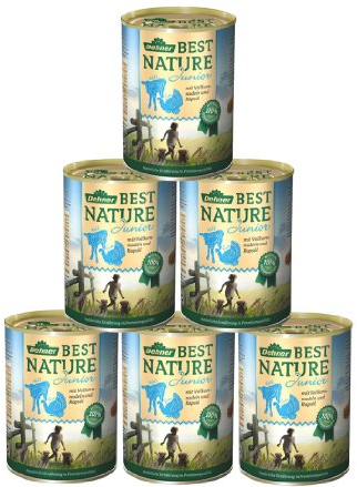 Dehner Best Nature Hundefutter, Nassfutter getreidefrei, für Welpen und junge Hunde, Pute / Kalb / Vollkornnudeln, 6 x 400 g Dose (2.4 kg)