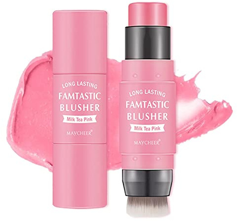 Vigcebit Fard à Joues crème,Cheek Makeup Stick Maquillage Blush avec Pinceau - Maquillage Blush crème pour Tous Les Tons Peau, Fard à Joues et Rouge à lèvres Double tête 2 en 1, Cadeau