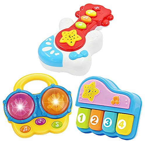 WEofferwhatYOUwant Baby Musikspielzeug Set – 3-in-1 mit Klavier, Bongo & Gitarre – Licht-Projektor & 27 Lieder – Musikspielzeug ab 6 Monate – BPA-frei, Auto-Abschaltung, Batterien enthalten