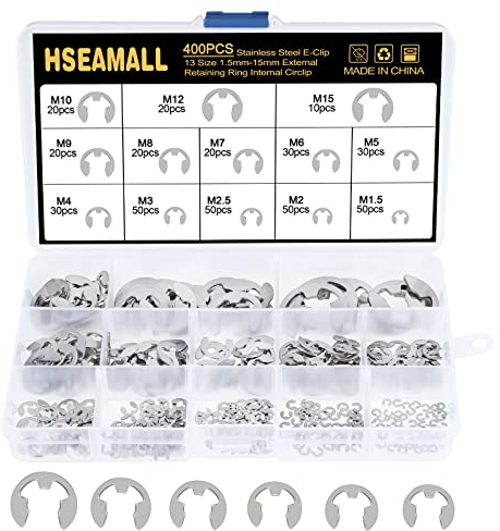 HSEAMALL Set di 400 anelli elastici a C, anelli di fissaggio esterni, in acciaio inox, 1,5-15 mm (13 misure), per alberi scanalati, perni, perni