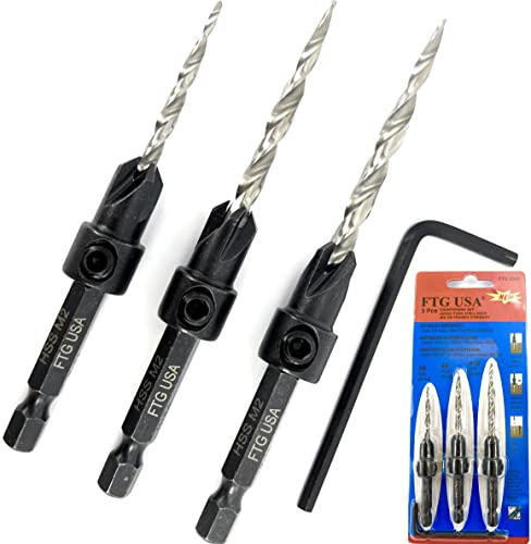 FTG USA 3 Pc Wood Countersink Drill Bit Set #6#8#10 with Hex Key