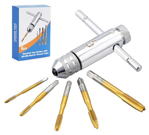 Fippy Gewindebohrer Set, 5 Stück M3 M4 M5 M6 M8 HSS Titan-beschichtet Gewindebohrer Satz Schälanschnitt mit T-Griff Ratsche Gewindeschneider