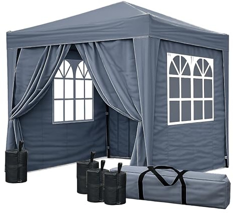 QUICK STAR Tonnelle Pop Up Gris fumé 2,5 x 2,5 m avec 4 parois latérales Easy-Klett et 4 Poids de Pieds