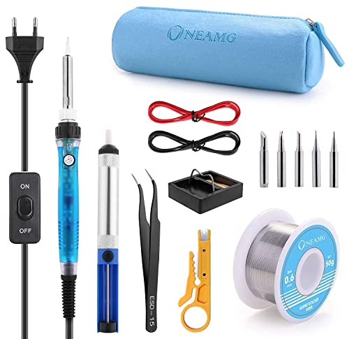 Lötkolben Set, ONEAMG Lötkolben Kit Lötset 60W, Digitale Lötstation Temperatur Regelbar und EIN/AUS-Schalter, Soldering Iron Kit 220V mit 5 Lötspitzen, Entlötpumpe, Lötkolbenständer, Lötzinn,Pinzette