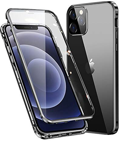 MOSSTAR Hülle für iPhone 12 Mini 5,4'', Magnetische Adsorption Metallrahmen 360 Grad Full Body Handyhülle Vorne hinten Gehärtetes Glas Schutzhülle Einteiliges Dünn Transparente Cover Case, Schwarz