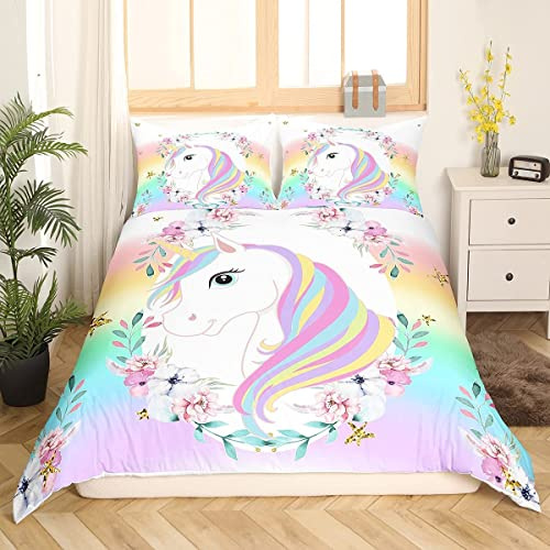 Fantasy Einhorn M?dchen Bettw?sche 135x200cm Bunt Blume Dekor Pferd Bettbezug Set Einhorn Tier Betten Set Kinder Jugendliche Frauen Sü? Regenfarbe Einhorn Bettw?sche mit 1 Kissenbezug 80x80cm
