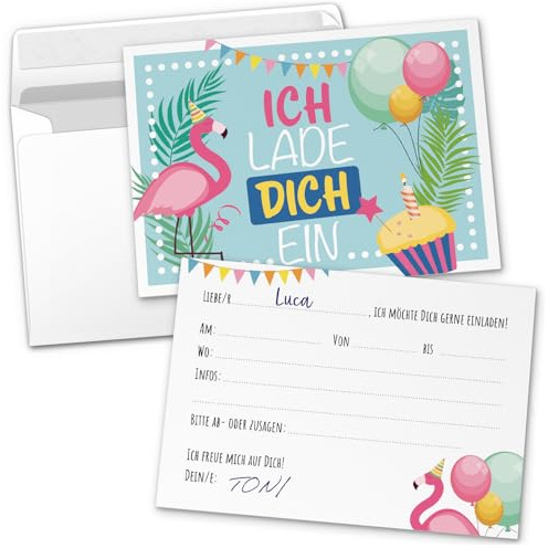 8 Einladungskarten Kindergeburtstag mit Umschlägen, Flamingo, Karte Geburtstag Einladung zum Ausfüllen