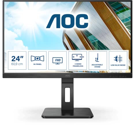 AOC 24P2QM -24 Inch FHD Monitor, VA, 75Hz, 4ms, height Adjust, USB Hub, Speakers, Adaptive Sync,low blue mode, Flicker free, Vesa 100x100 (1920 x 1080, 300 cd/m², HDMI 1.4 / DP 1.2 / USB 3.2), Black