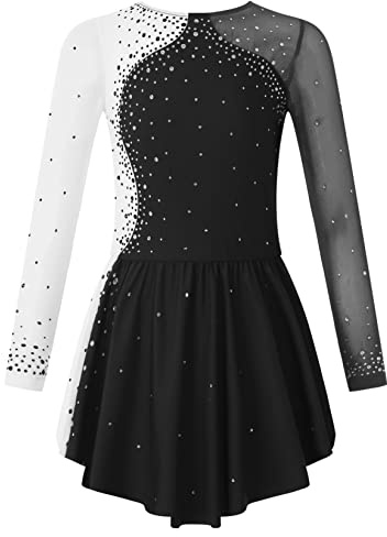 Runhomal Mädchen Langarm Eiskunstlauf-Kleid Pailletten Tanzkleid Skaterkleid Rundhals Ballettkleid Ballettkleidung Turnbody Balletttrikot mit Chiffon Tanzrock