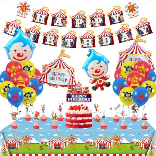 Decorazioni per feste di carnevale, con striscione di buon compleanno circo, palloncini, tovaglia, decorazione per cupcake, decorazione festa di carnevale circo per ragazzi e ragazze