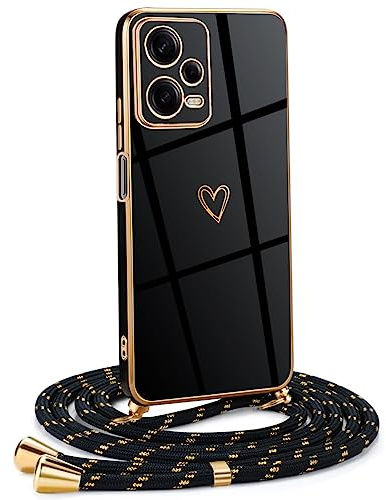 Mkej Coque pour Xiaomi Redmi Note 12 5G avec Cordon de Collier, Coque avec Cordon Motif Coeur d'amour TPU Housse, Collier RéglableTéléphone Portable Lanyard Case Xiaomi Redmi Note 12 5G, Or Noir