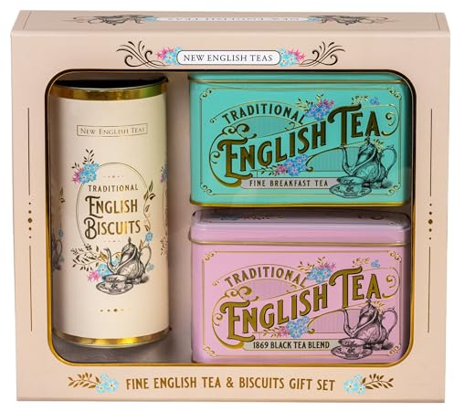 New English Teas Vintage Victorian Tea & Biscuits Gift Set with 80 Fine English Teabags, 2 Tea Caddies and Luxury Cornish Biscuits