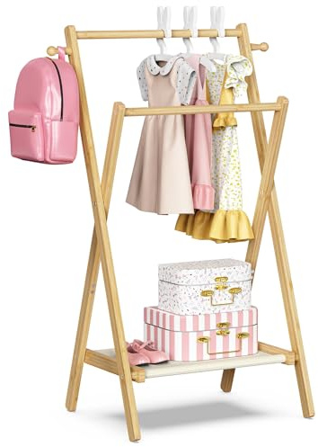 BAMBOOHOMIE Appendiabiti per bambini, piccolo appendiabiti per animali domestici, con ripiano portaoggetti e doppie aste, appendiabiti pieghevole per cameretta dei bambini (misura piccola)