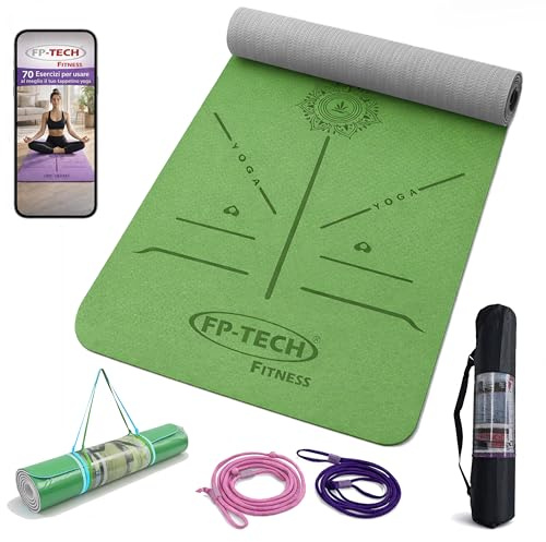 FP-TECH TAPPETINO DA YOGA IMBOTTITO ANTISCIVOLO FITNESS PILATES GINNASTICA IN TPE MAT CON SACCA 183 X 68 X 0.8 CM (Verde-Grigio)