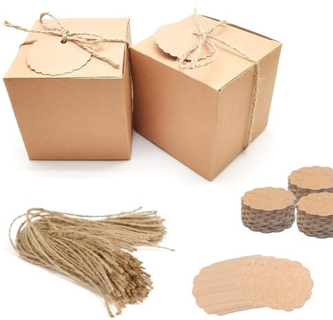 Set da 50 scatole regalo in carta kraft, scatole per cioccolatini, scatole di cartone 7 x 7 x 7 cm, cartone marroni con coperchio, regalo quadrate per regali, feste, compleanni