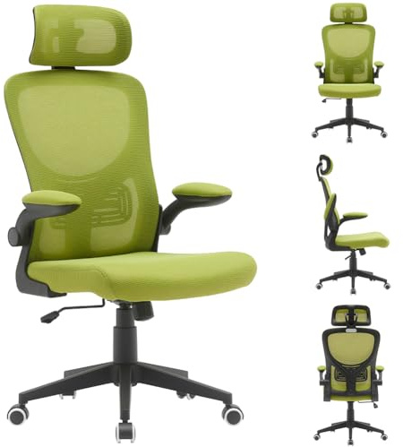 BAKAJI Chaise de Bureau Ergonomique en Tissu Respirant et Anti-Transpiration, Dossier avec Support Lombaire et appuie-tête, Fauteuil d'étude Bureau Hauteur réglable à gaz 116-126 cm (Vert)