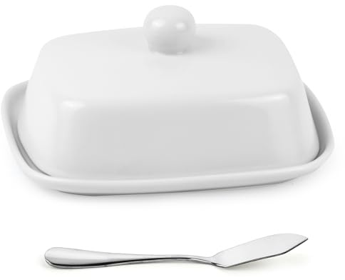 AZKEEGREY Weiß Butterdose Keramik mit Deckel und Buttermesser | Butterdose Porzellan für 250g Butter, Küche, Bäckerei, Restaurant, 16.5 x 13.3 x 8 cm