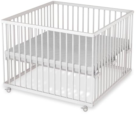 Sämann Laufstall Baby mit Lattenrost und Matratze | stufenlos höhenverstellbar | Laufgitter Premium | Babybett aus Holz | Krabbelgitter (weiß, 100x100 cm)