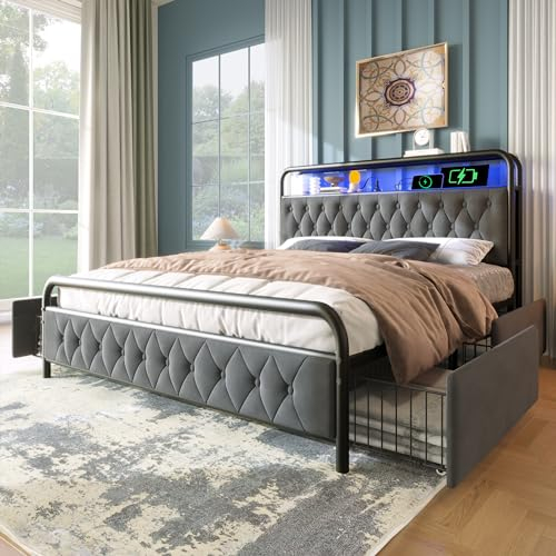 Polsterbett Doppelbett 180×200, LED Bett mit Aufladen USB Type C und 4 Schubladen, Bettgestell Metallbett mit Kopfteil Regalen, Bettrahmen Funktionsbett Jugendbett Gästebett, Samt, Ohne Matratze, Grau