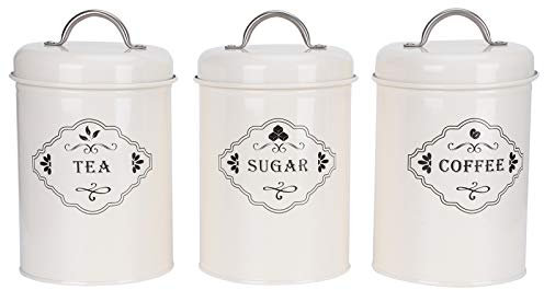 Gsycle Juego de 3 tarros y botes de almacenamiento rústicos de color blanco cremoso, té, café, azúcar, tapa hermética, 11 x 19 cm