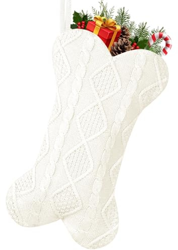 GOYOSWA Dog Christmas Stocking, 18 Inch Large Double Side Knitted Christmas Stocking for Dogs, Bone Shaped Hanging Dog Stocking for Dogs Pets (White)