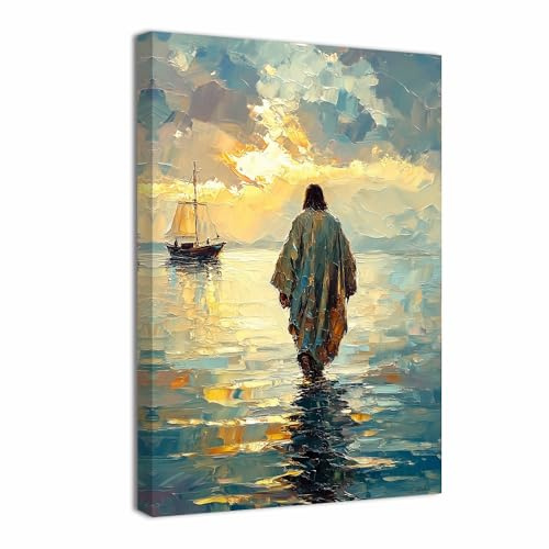ZQQART Jesus Wandbild Gott geht auf dem Wasser Leinwandgemälde Kunst christliche Poster Drucke religiöses Bild Kirchengebet Raumdekor gerahmt(Gold,30x45cm)