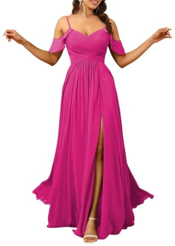 Vestidos de dama de honor de gasa con hombros descubiertos para mujer, vestidos largos formales de noche con bolsillos, fucsia, 40