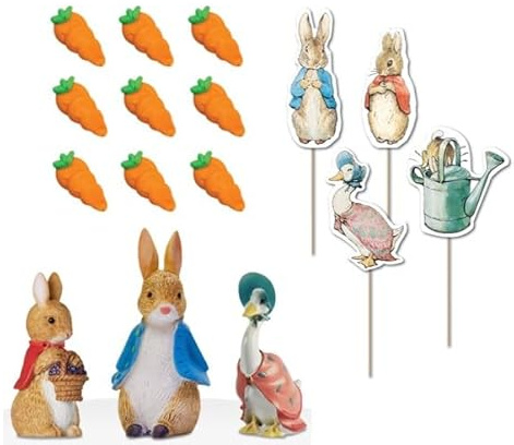 Bundle of Anniversary House Official Peter Rabbit™ 3 Piece Keepsake Cake Topper Set + Carrot Sugarcraft Toppers+Official Beatrix Potter™ Peter Rabbit™ Classic Characters Cupcake Toppers