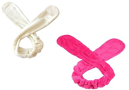 DEARMAMY Bandeau En Peluche Lapin 2 Pièces Taille Unique Bandeau Flexible Absorbe Transpiration Homme Femme Protection Coiffure Bain