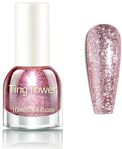 Glitter Nail Polish - Shimmering Sparkly Pink Nail Varnish - Quick Dry Nail Polish - Long Lasting Chip Resistant Polish for DIY Nail Art Manicure at Home - No Need UV