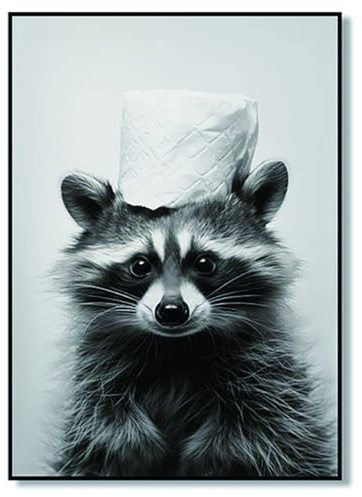 UZYXC Badezimmer Deko Bilder Poster Poster Badezimmer Deko, Ein lustiges Poster mit einem niedlichen kleinen Waschbären, der Toilettenpapier auf dem Kopf trägt, ohne Rahmen – 20 x 30 cm