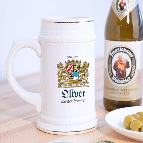 Wanapix | Personalised Beer Mug | German Ceramic Beer Stein | 580 ml | Dishwasher Safe | Original Gift | Lion