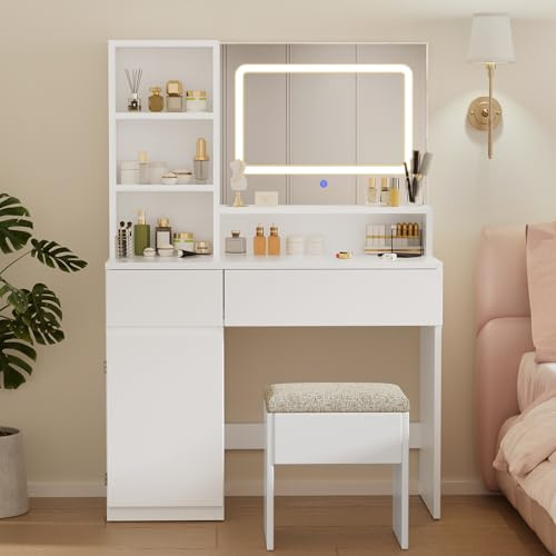 Devoko Schminktisch mit LED-Beleuchtung und Hocker, 3 Farben, Einstellbare Helligkeit, Frisiertisch mit Spiegel, Kosmetiktisch mit 2 Schubladen, Ablageschrank, 90 x 40 cm, Weiß