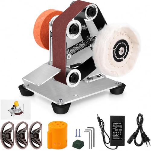 Uadme Mini Lijadora de Banda Eléctrica, Esmeriladora de Banco, con 7 Velocidades Ajustables y 30 Cintas de 330x30mm, Maquina Afilar Cuchillos de Banda, para Metal Madera Bricolaje Manualidades